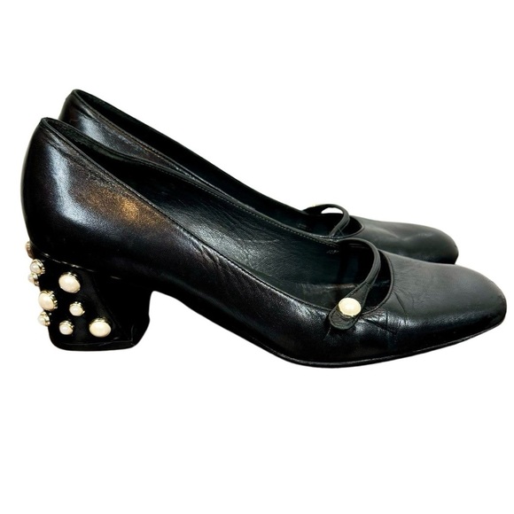 Stuart Weitzman Pearlstrap Square Toe Angled Block Heel Mary Jane Leather Pump - Picture 7 of 14